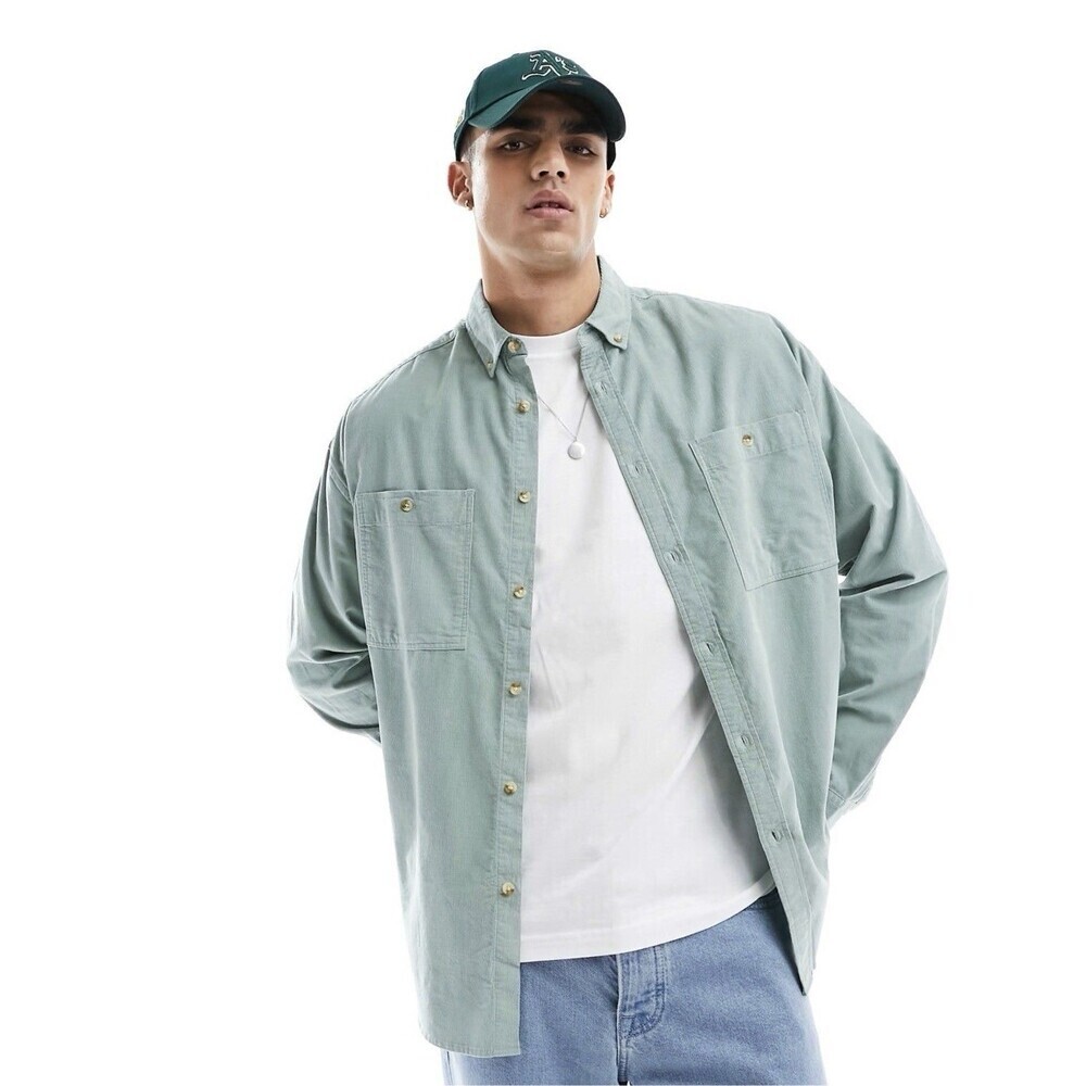 ASOS Mens 2X Corduroy Button Down Sage Green Earthy Casual Weekend Closet Staple